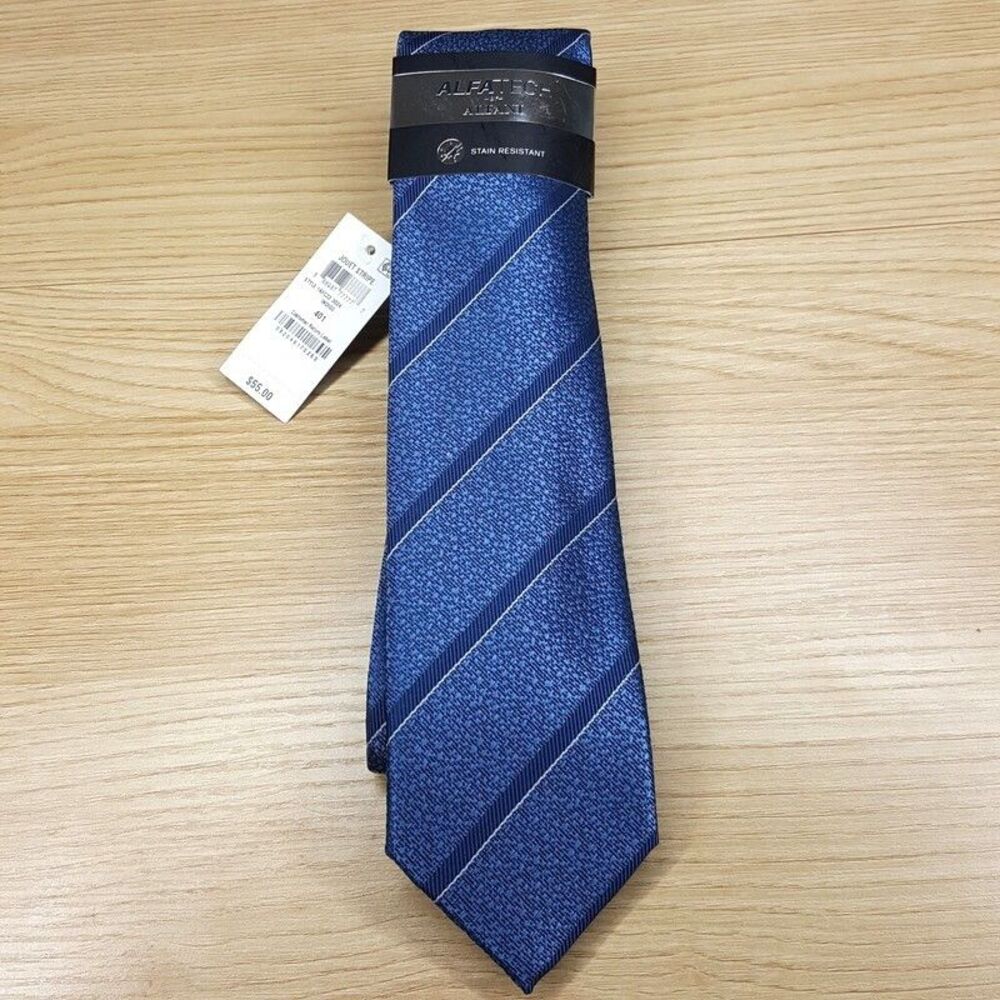 ALFANI Mens Neck Tie Blue Diagonal Stripe Slim Skinny Stain Resistant